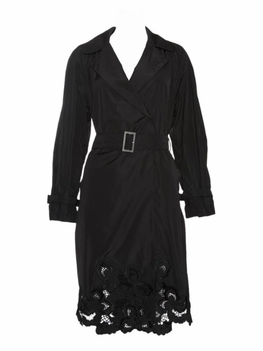 Ermanno Scervino Black Long-Sleeve Belted Trench with Lace Hem